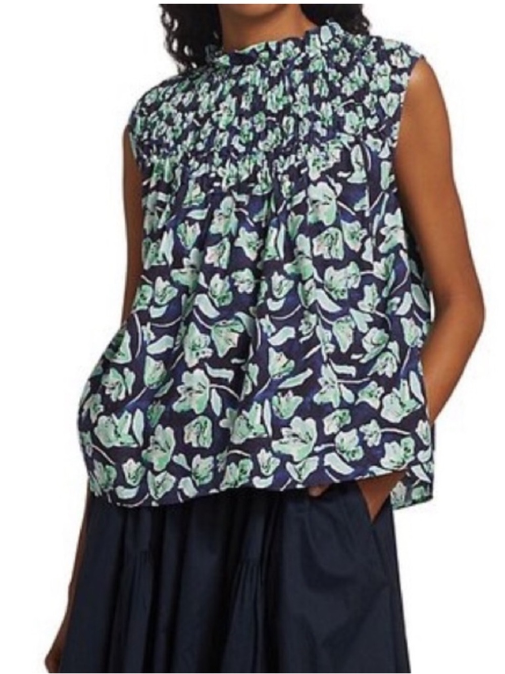 Merlette Floral Hand Smocked Mock Neck Sleeveless 100% Cotton Blouse, Size L